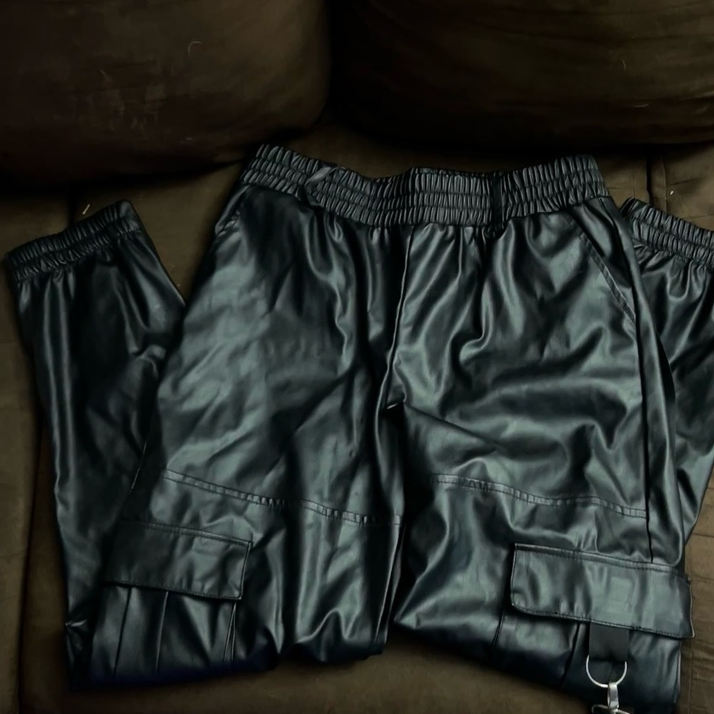 Black leather cargo joggers
